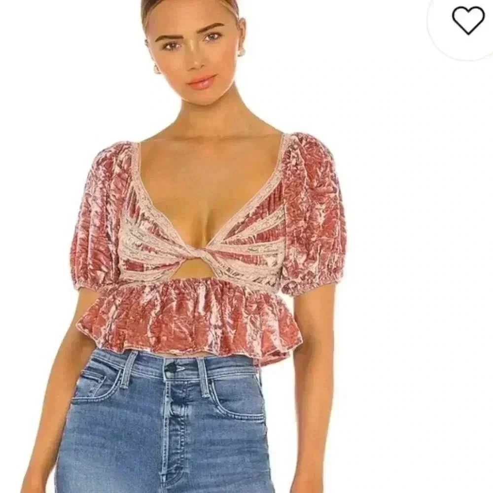 Free People Yours Truly Velvet Crop Top Mauve Crushed Velvet XS